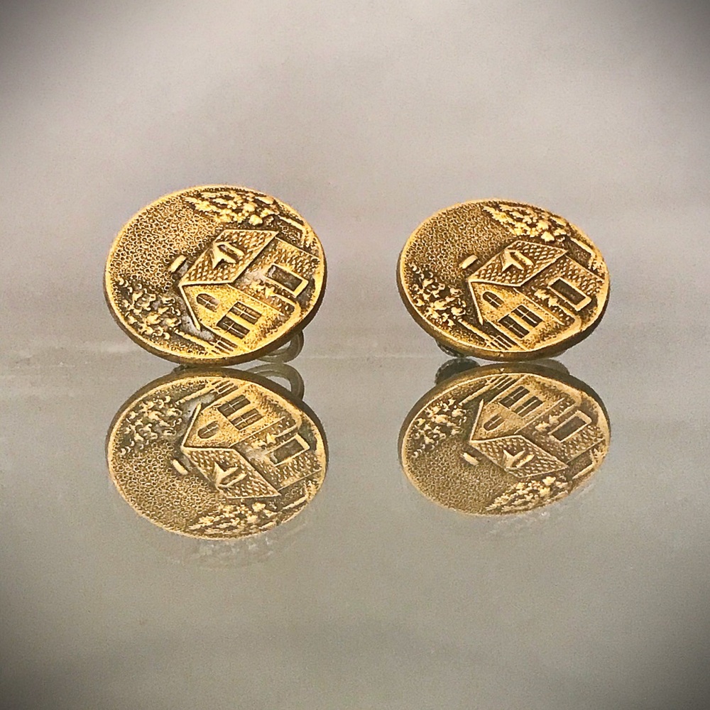 Vintage House Scene Button Earrings